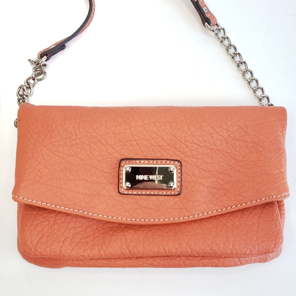NINE WEST Orange Leather Convertible Crossbody Purse Bag Clutch Removeable Strap - Picture 2 of 11